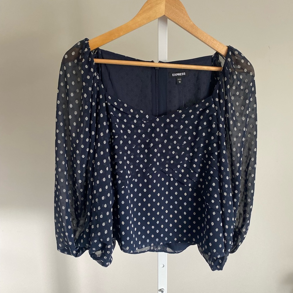 Express Navy and White Puff Sleeve Blouse